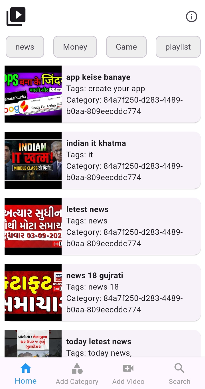 Category management screen showing add, edit, delete options for categories like Tech, news, Money, Game, playlist