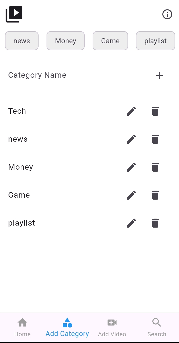 Add video screen with fields for Title, Video URL, Tags, Select Category, and Add Video button