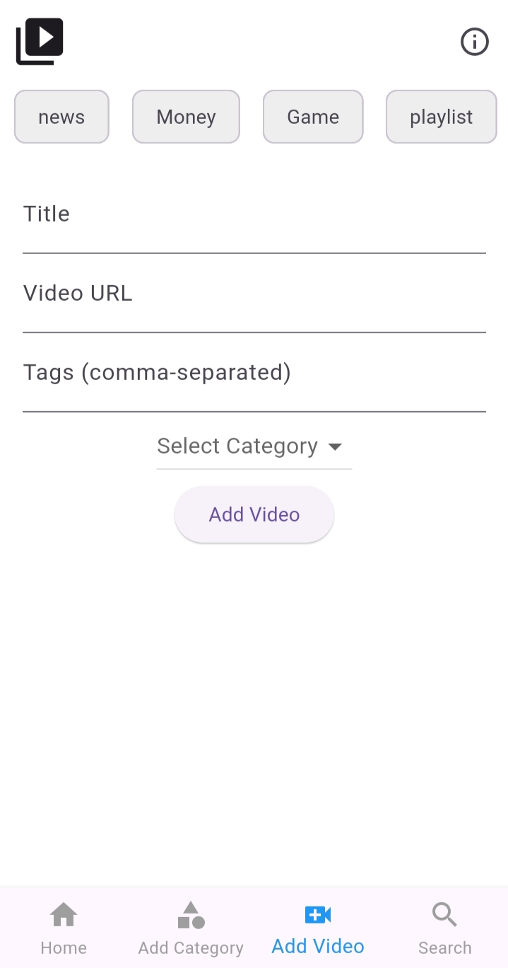 Search screen with search bar, tag suggestions, and search results showing video thumbnails, titles, tags, and categories