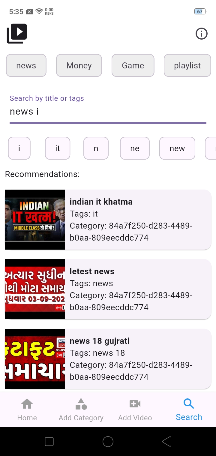 Home screen displaying list of saved videos in a category with thumbnails, titles, tags, and menu options