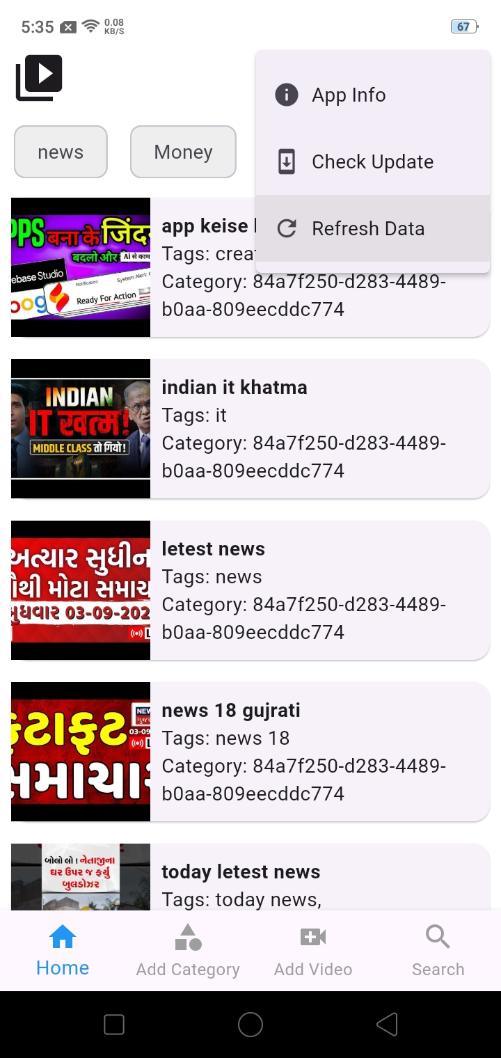 Home screen displaying list of saved videos in a category with thumbnails, titles, tags, and menu options